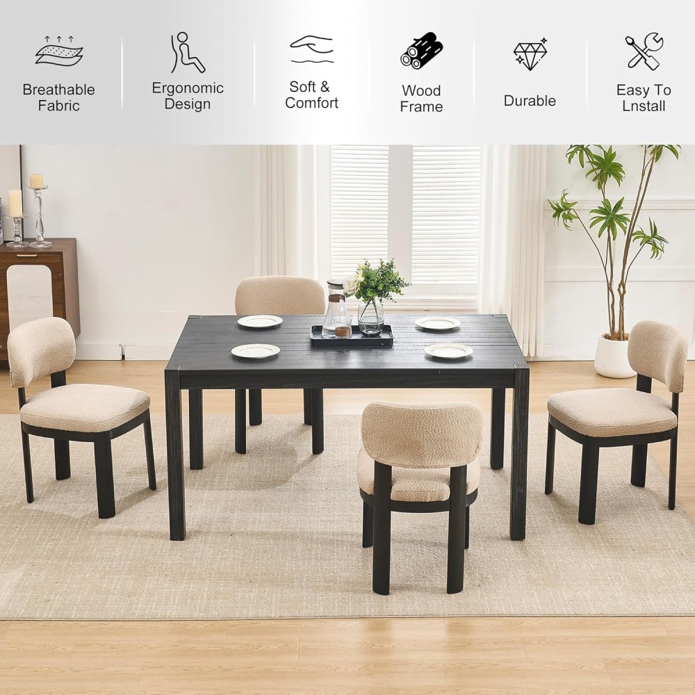 Dining Chairs Set of 2, Teddy Teddy Upholstered Kitchen Chair with Curved Backrest and Solid Wood Legs, Farmhouse Side Chairs for Restaurant Cafe Living Roo