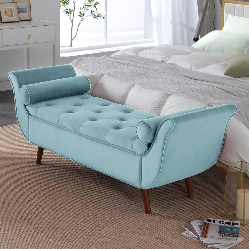 Storage Bench for Bedroom, 65" Velvet End of Bed Bench Button-Tufted Upholstered Storage Ottoman Armed Long Bench Solid Wood Legs 2 Pillows for Entryway Living Room Dining Room