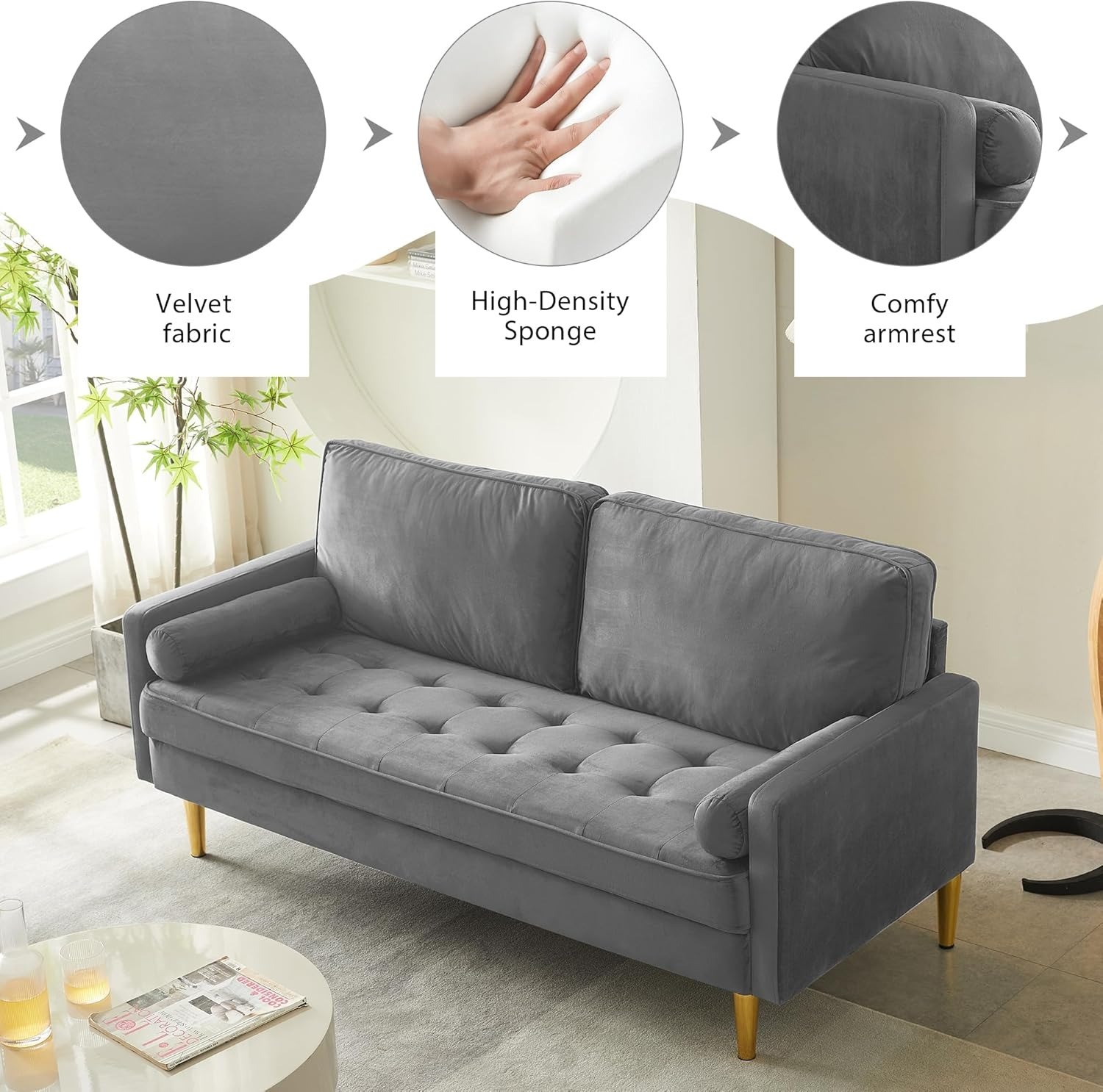 67" LoveSeat Sofa, Love Seat Couch, Mid Century Modern Couchs Velvet Fabric Pull Dot Design Sofas with Two Round Pillows for Small Spaces, Living Room, Dorm, Bedroom, Apartment (67 Navy)