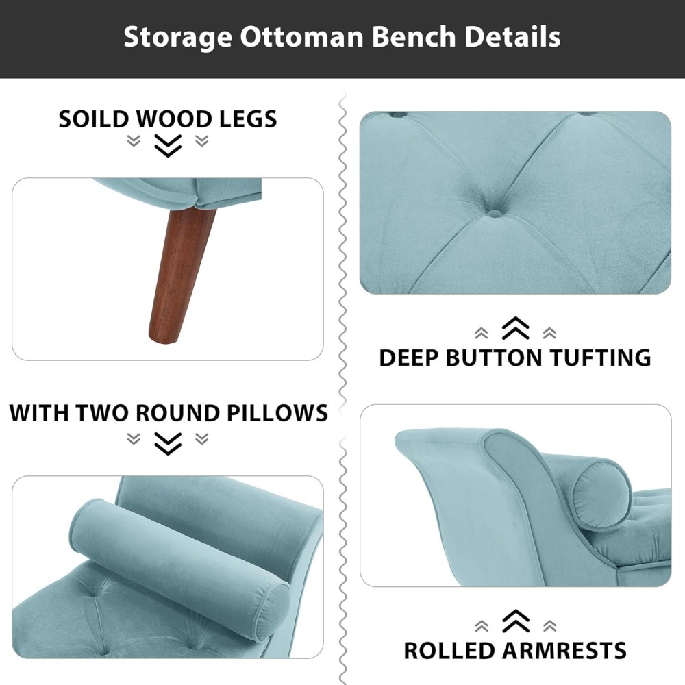 Storage Bench for Bedroom, 65" Velvet End of Bed Bench Button-Tufted Upholstered Storage Ottoman Armed Long Bench Solid Wood Legs 2 Pillows for Entryway Living Room Dining Room