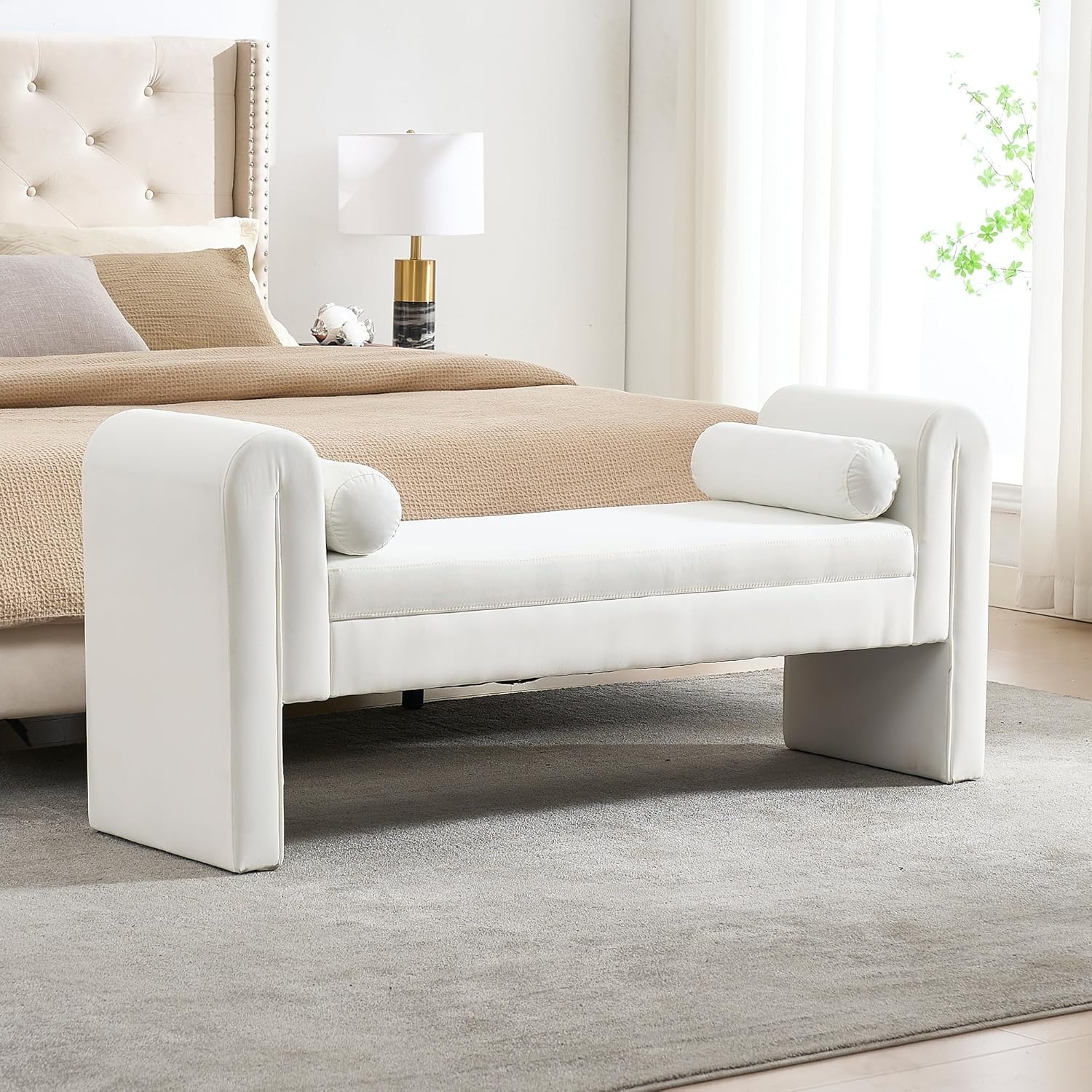 Velvet Bench for Bedroom End of Bed, 60.5- inch Upholstered Button Tufted Ottoman Bench with Rolled Arms, Button-Tufted Ottoman for Living Room, Entryway