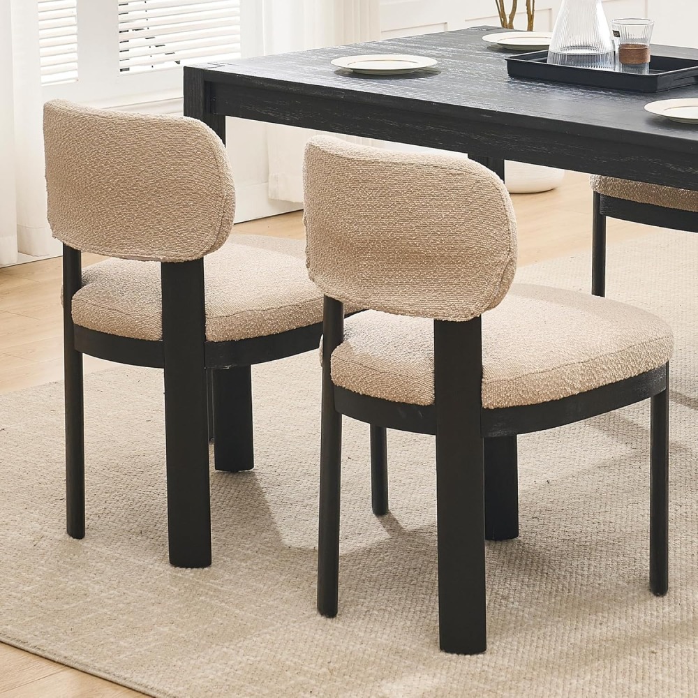 Dining Chairs Set of 2, Teddy Teddy Upholstered Kitchen Chair with Curved Backrest and Solid Wood Legs, Farmhouse Side Chairs for Restaurant Cafe Living Roo