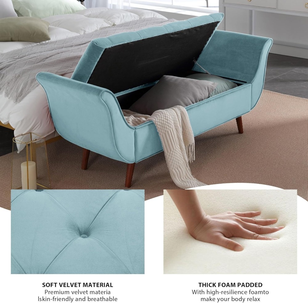 Storage Bench for Bedroom, 65" Velvet End of Bed Bench Button-Tufted Upholstered Storage Ottoman Armed Long Bench Solid Wood Legs 2 Pillows for Entryway Living Room Dining Room