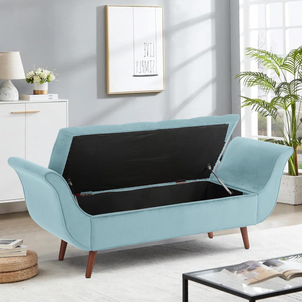 Storage Bench for Bedroom, 65" Velvet End of Bed Bench Button-Tufted Upholstered Storage Ottoman Armed Long Bench Solid Wood Legs 2 Pillows for Entryway Living Room Dining Room