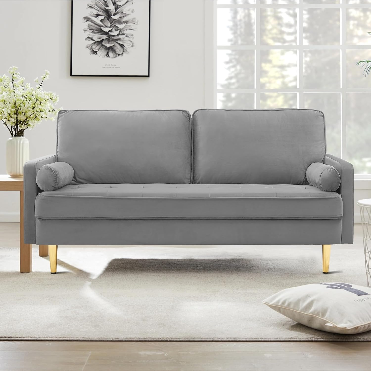 67" LoveSeat Sofa, Love Seat Couch, Mid Century Modern Couchs Velvet Fabric Pull Dot Design Sofas with Two Round Pillows for Small Spaces, Living Room, Dorm, Bedroom, Apartment (67 Navy)
