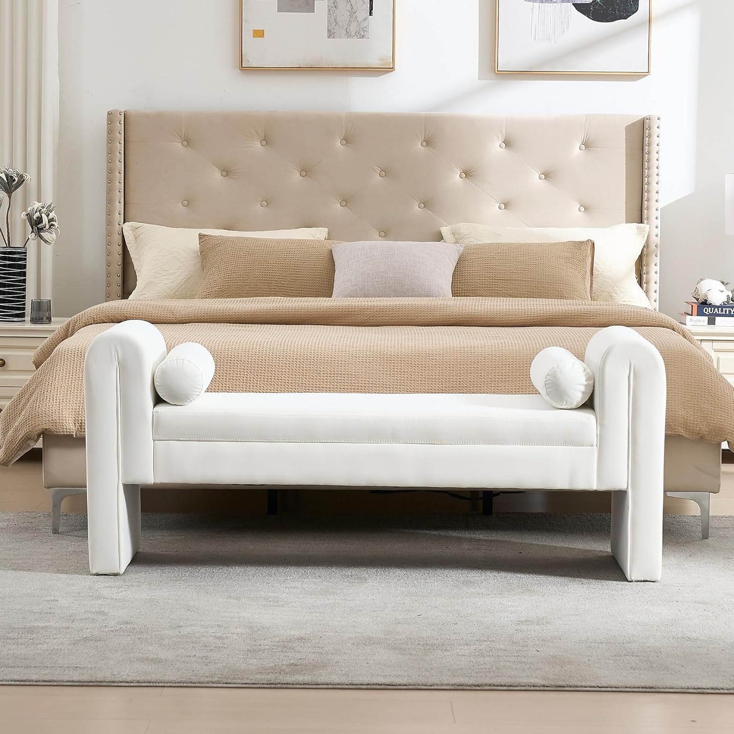 Velvet Bench for Bedroom End of Bed, 60.5- inch Upholstered Button Tufted Ottoman Bench with Rolled Arms, Button-Tufted Ottoman for Living Room, Entryway