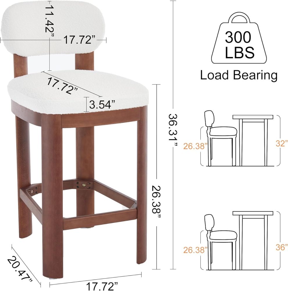 Tall Bar Stools Set of 2, Counter Height Barstools with Back and Wood Legs, Mid Century Modern Bar Chair Island Stool Teddy Fabric for Kitchen Dinner Room (White+Brown Legs)