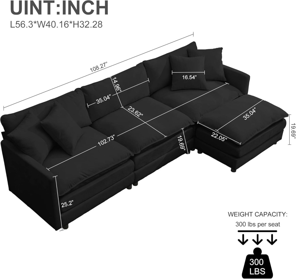 Modular Convertible Sectional Couch, 5 Seat U Shaped Couch Sofa Reversible Chaise Sectional Sofa Deep Seat Cloud Couch Chenille for Home, Apartment, Dorm Living Room