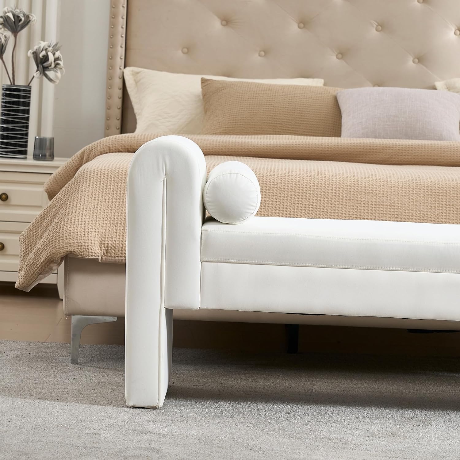 Velvet Bench for Bedroom End of Bed, 60.5- inch Upholstered Button Tufted Ottoman Bench with Rolled Arms, Button-Tufted Ottoman for Living Room, Entryway