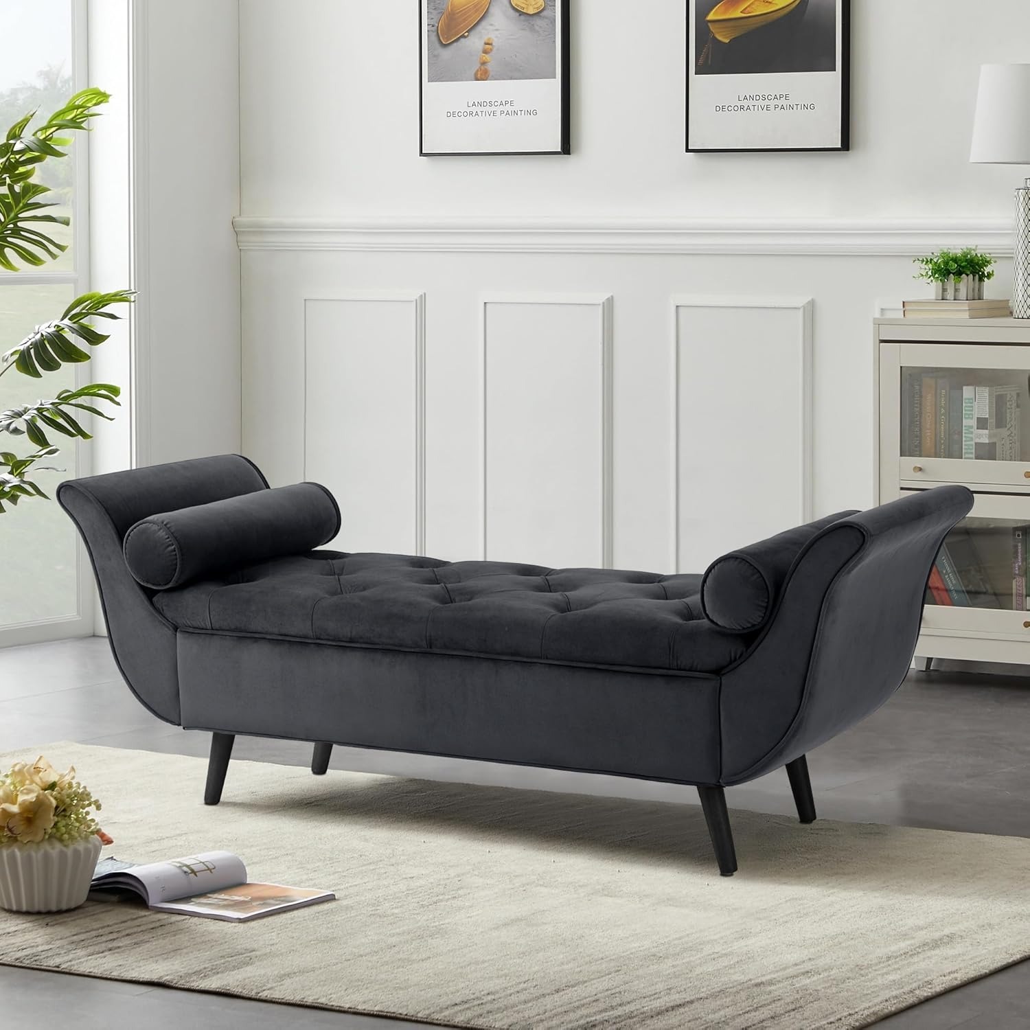 Storage Bench for Bedroom, 65" Velvet End of Bed Bench Button-Tufted Upholstered Storage Ottoman Armed Long Bench Solid Wood Legs 2 Pillows for Entryway Living Room Dining Room