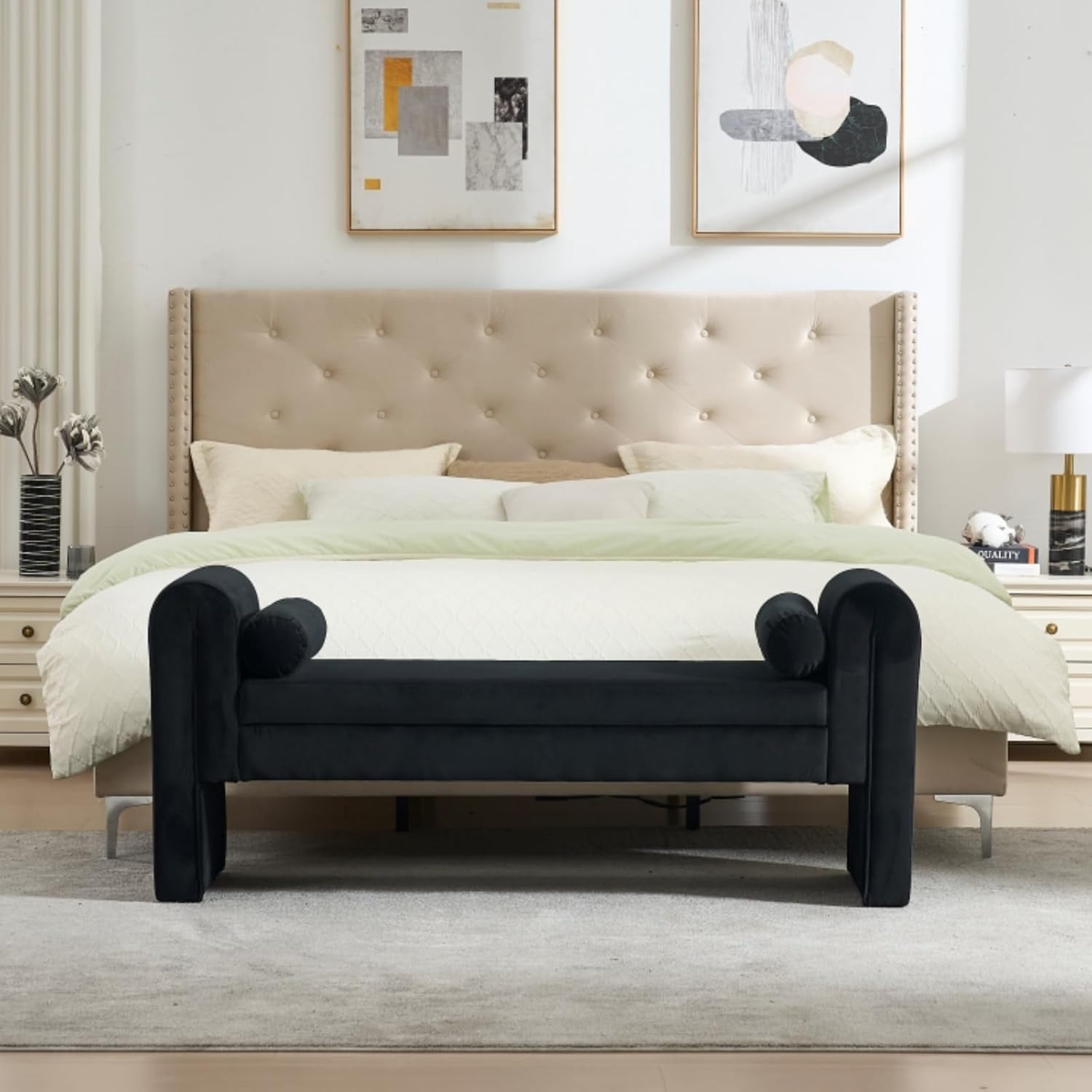 Velvet Bench for Bedroom End of Bed, 60.5- inch Upholstered Button Tufted Ottoman Bench with Rolled Arms, Button-Tufted Ottoman for Living Room, Entryway