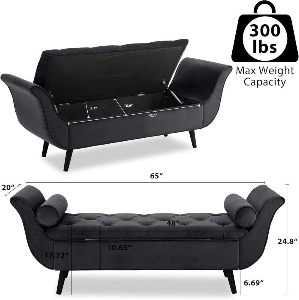 Storage Bench for Bedroom, 65" Velvet End of Bed Bench Button-Tufted Upholstered Storage Ottoman Armed Long Bench Solid Wood Legs 2 Pillows for Entryway Living Room Dining Room