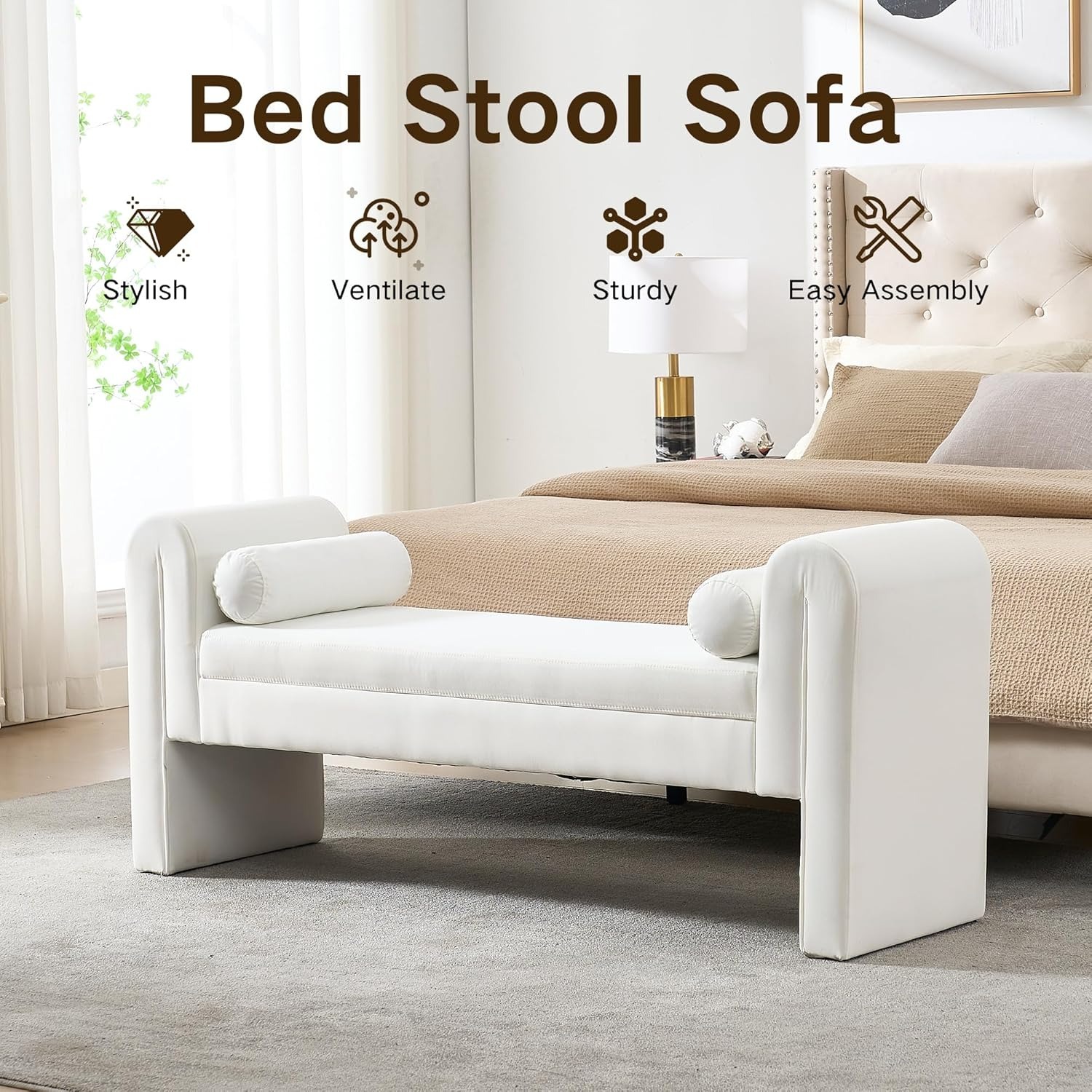 Velvet Bench for Bedroom End of Bed, 60.5- inch Upholstered Button Tufted Ottoman Bench with Rolled Arms, Button-Tufted Ottoman for Living Room, Entryway