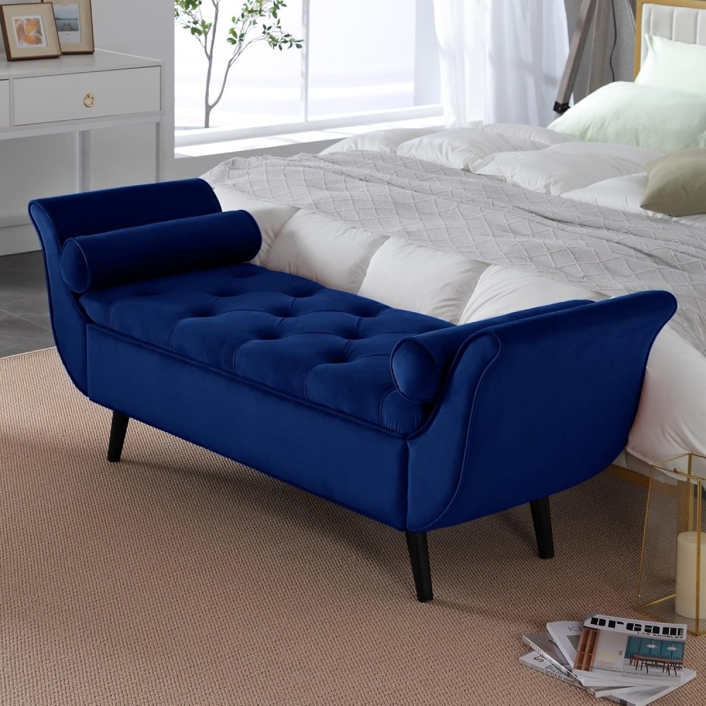 Storage Bench for Bedroom, 65" Velvet End of Bed Bench Button-Tufted Upholstered Storage Ottoman Armed Long Bench Solid Wood Legs 2 Pillows for Entryway Living Room Dining Room
