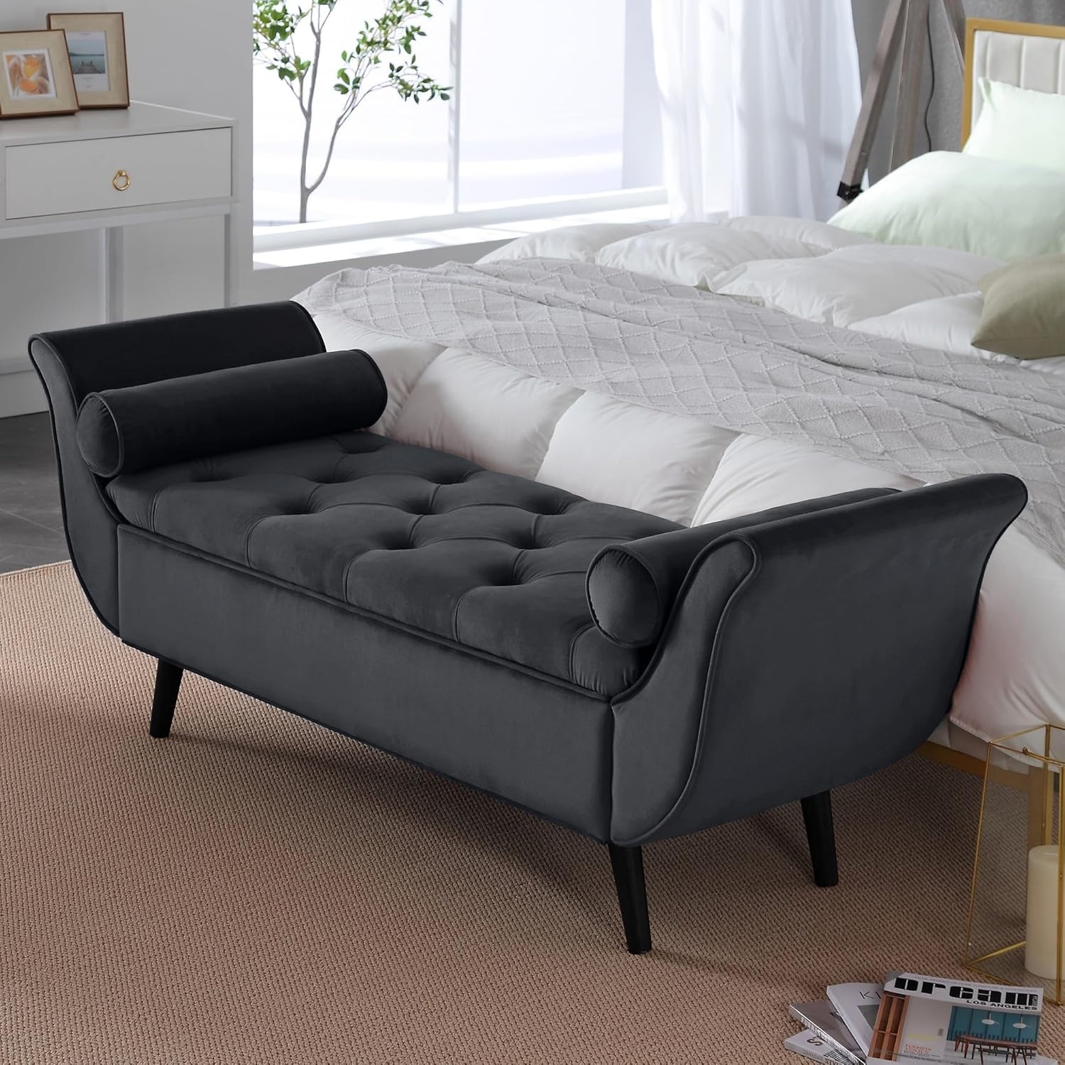 Storage Bench for Bedroom, 65" Velvet End of Bed Bench Button-Tufted Upholstered Storage Ottoman Armed Long Bench Solid Wood Legs 2 Pillows for Entryway Living Room Dining Room