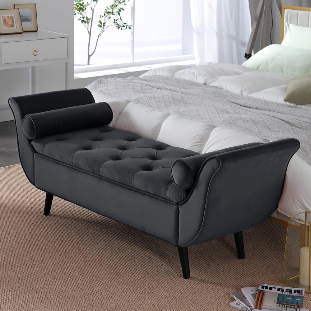 Storage Bench for Bedroom, 65" Velvet End of Bed Bench Button-Tufted Upholstered Storage Ottoman Armed Long Bench Solid Wood Legs 2 Pillows for Entryway Living Room Dining Room