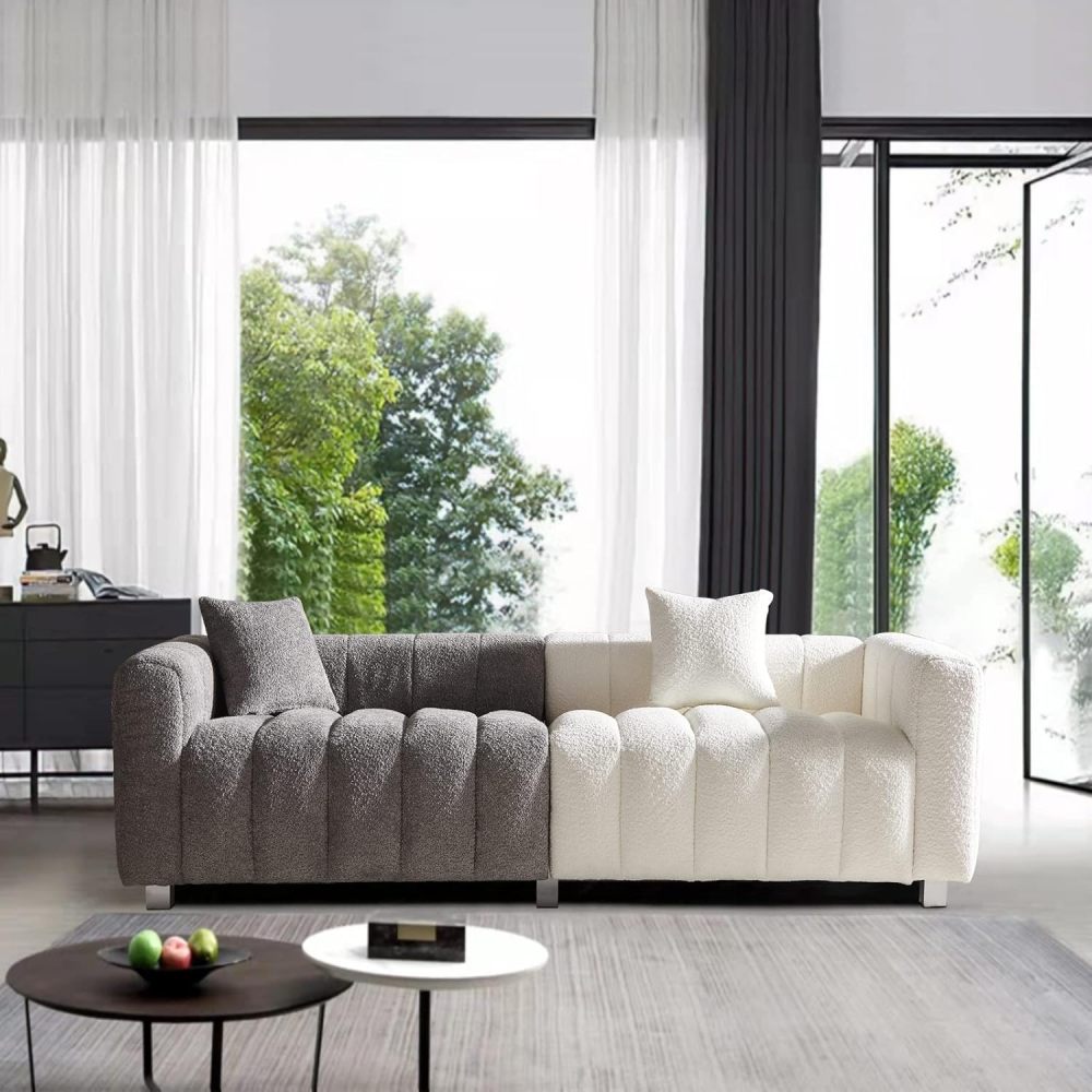 87.4" Mid-Century Sofa Couch, 3 Seater Sofa with Two Pillows, Upholstered Sofa Couch Tufted Teddy Fabric Solid Wood Fram and Legs for Living Room Bedroom Office (Blue)