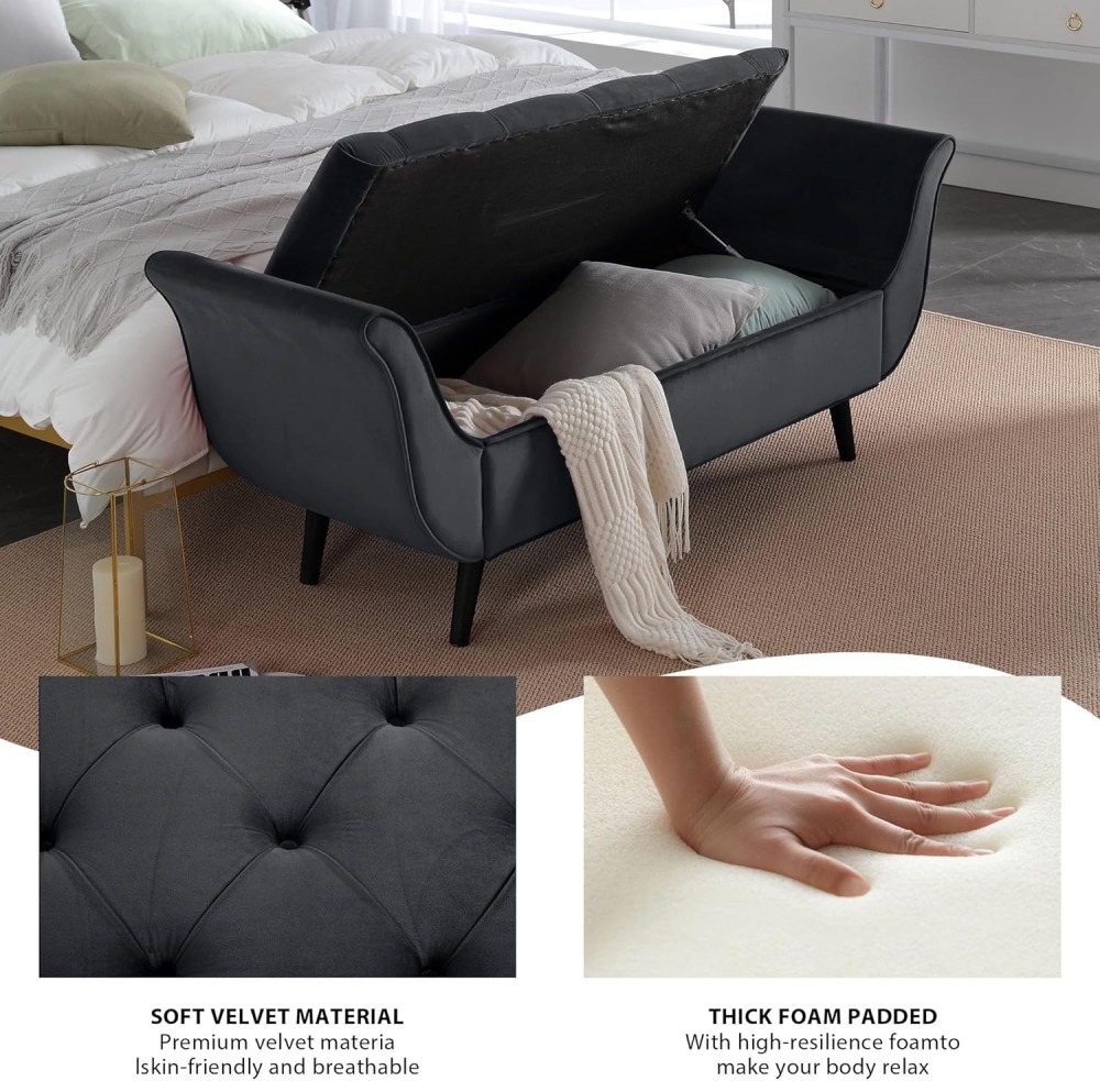 Storage Bench for Bedroom, 65" Velvet End of Bed Bench Button-Tufted Upholstered Storage Ottoman Armed Long Bench Solid Wood Legs 2 Pillows for Entryway Living Room Dining Room