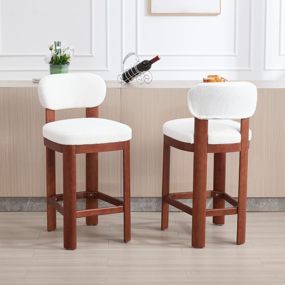 Tall Bar Stools Set of 2, Counter Height Barstools with Back and Wood Legs, Mid Century Modern Bar Chair Island Stool Teddy Fabric for Kitchen Dinner Room (White+Brown Legs)