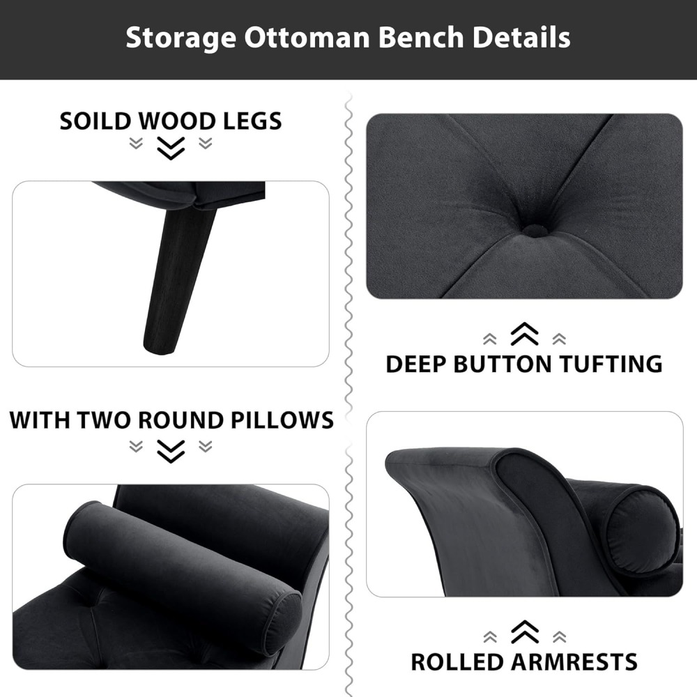 Storage Bench for Bedroom, 65" Velvet End of Bed Bench Button-Tufted Upholstered Storage Ottoman Armed Long Bench Solid Wood Legs 2 Pillows for Entryway Living Room Dining Room