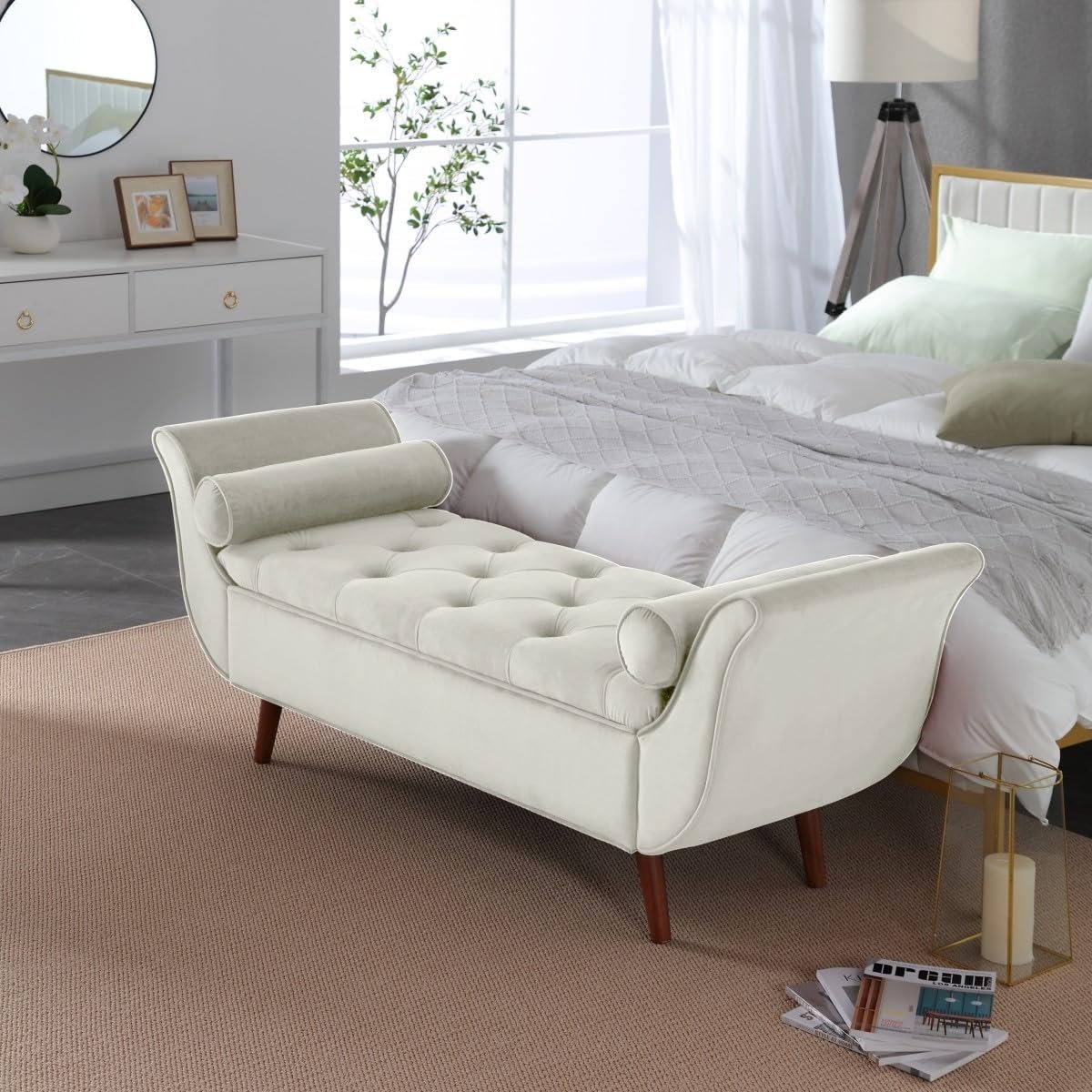 Velvet Bench for Bedroom End of Bed, 60.5- inch Upholstered Button Tufted Ottoman Bench with Rolled Arms, Button-Tufted Ottoman for Living Room, Entryway