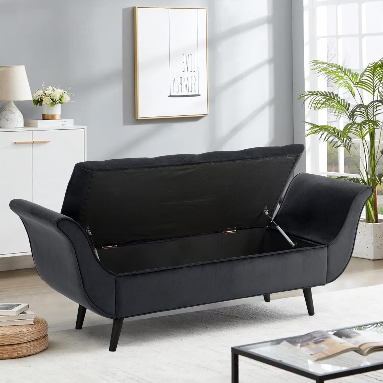 Storage Bench for Bedroom, 65" Velvet End of Bed Bench Button-Tufted Upholstered Storage Ottoman Armed Long Bench Solid Wood Legs 2 Pillows for Entryway Living Room Dining Room