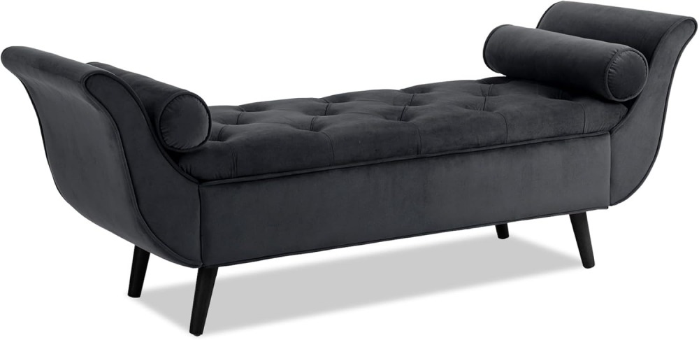 Storage Bench for Bedroom, 65" Velvet End of Bed Bench Button-Tufted Upholstered Storage Ottoman Armed Long Bench Solid Wood Legs 2 Pillows for Entryway Living Room Dining Room