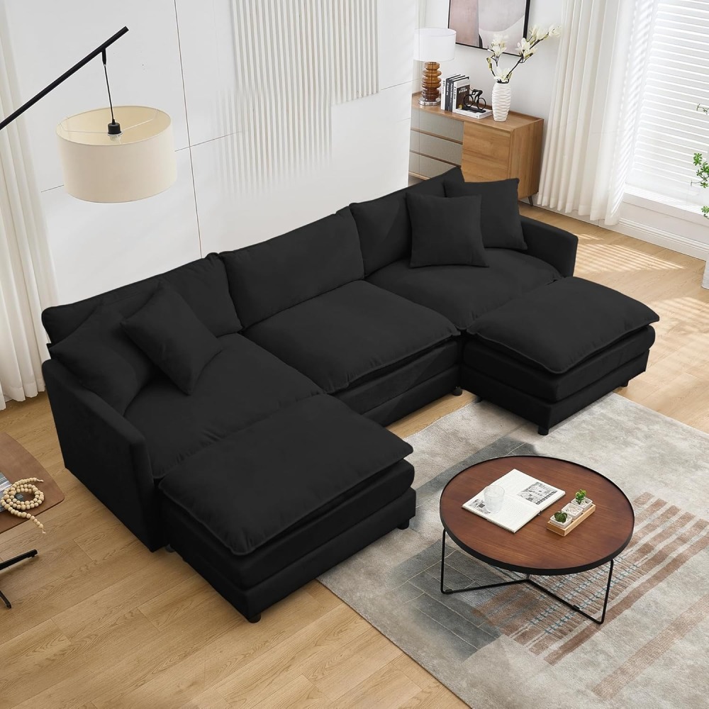 Modular Convertible Sectional Couch, 5 Seat U Shaped Couch Sofa Reversible Chaise Sectional Sofa Deep Seat Cloud Couch Chenille for Home, Apartment, Dorm Living Room