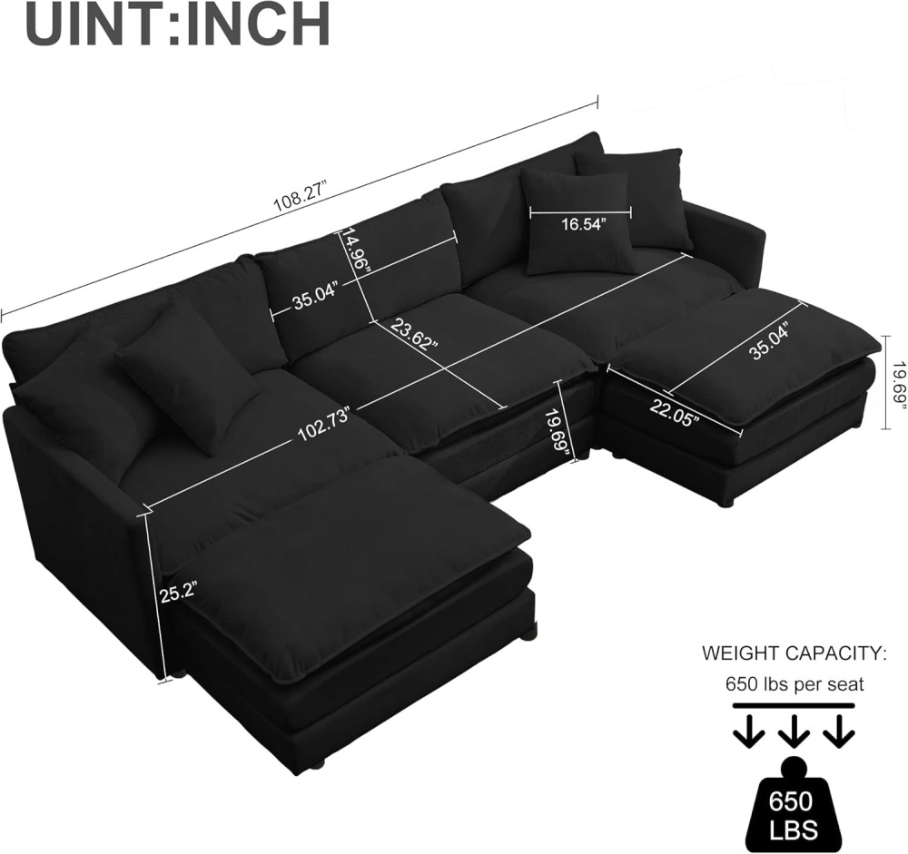 Modular Convertible Sectional Couch, 5 Seat U Shaped Couch Sofa Reversible Chaise Sectional Sofa Deep Seat Cloud Couch Chenille for Home, Apartment, Dorm Living Room