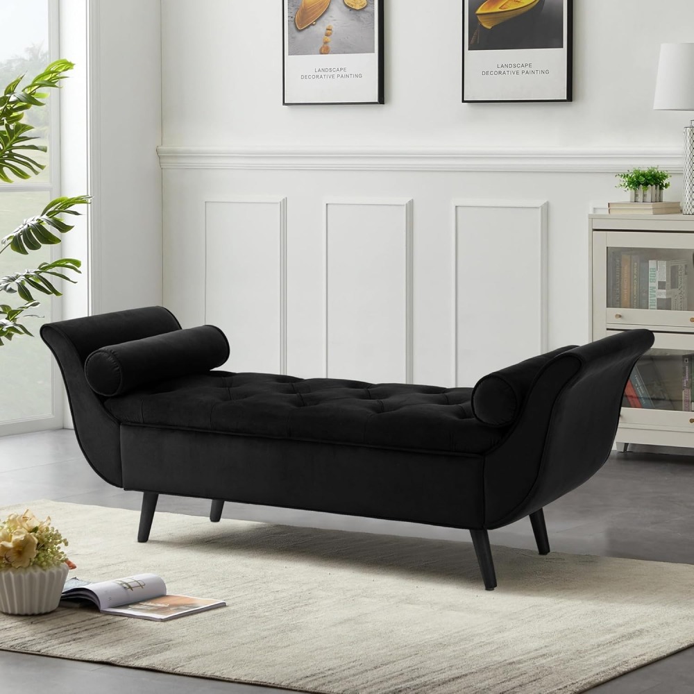 Storage Bench for Bedroom, 65" Velvet End of Bed Bench Button-Tufted Upholstered Storage Ottoman Armed Long Bench Solid Wood Legs 2 Pillows for Entryway Living Room Dining Room