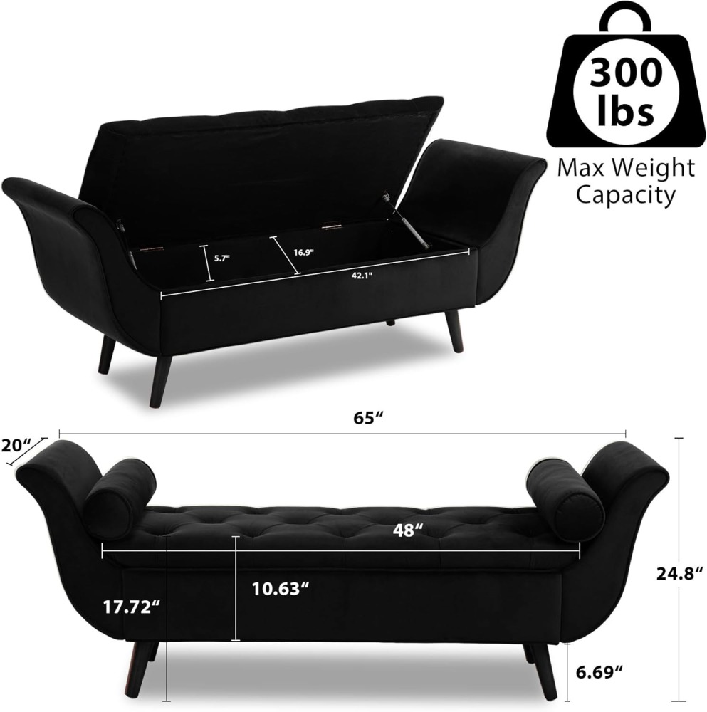 Storage Bench for Bedroom, 65" Velvet End of Bed Bench Button-Tufted Upholstered Storage Ottoman Armed Long Bench Solid Wood Legs 2 Pillows for Entryway Living Room Dining Room