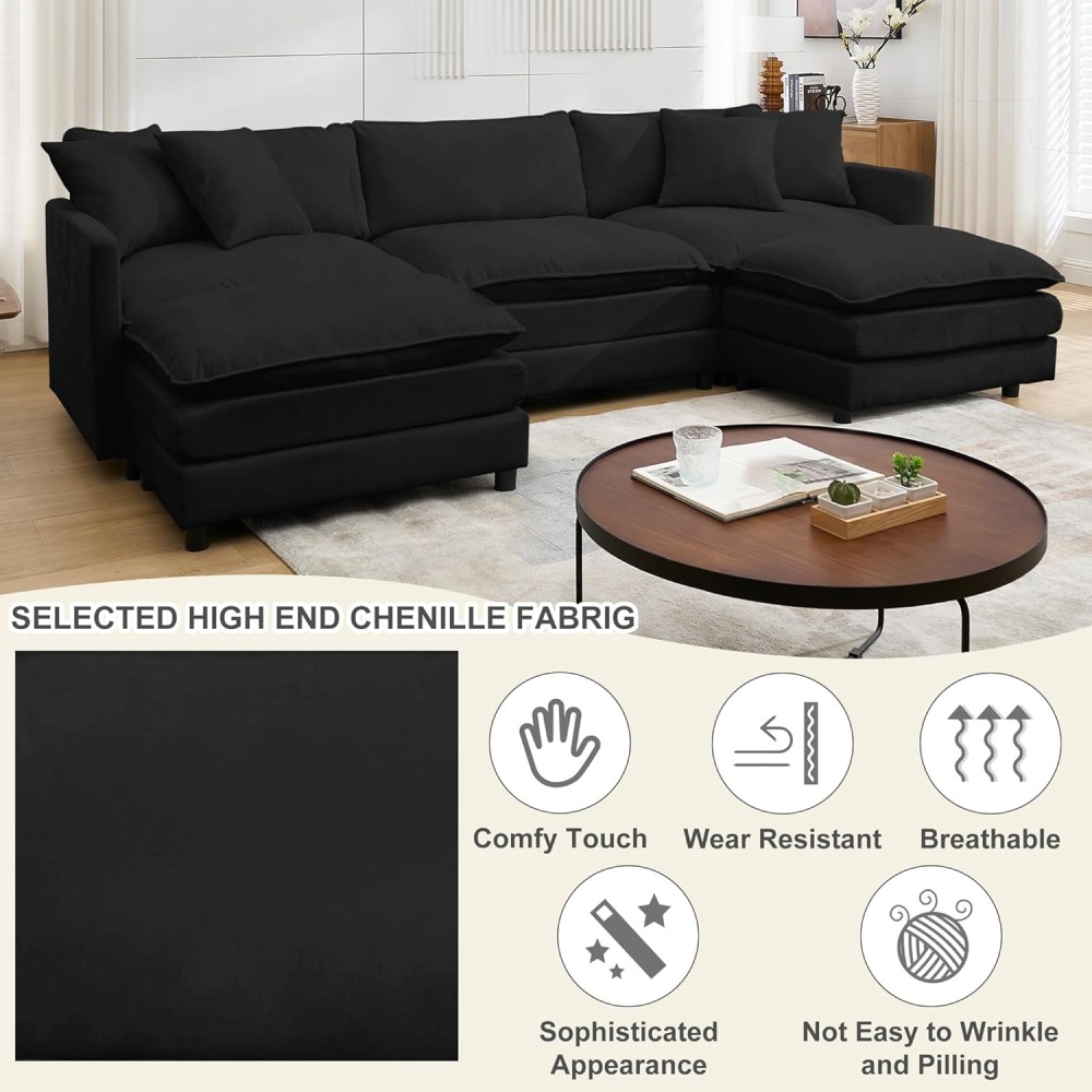 Modular Convertible Sectional Couch, 5 Seat U Shaped Couch Sofa Reversible Chaise Sectional Sofa Deep Seat Cloud Couch Chenille for Home, Apartment, Dorm Living Room