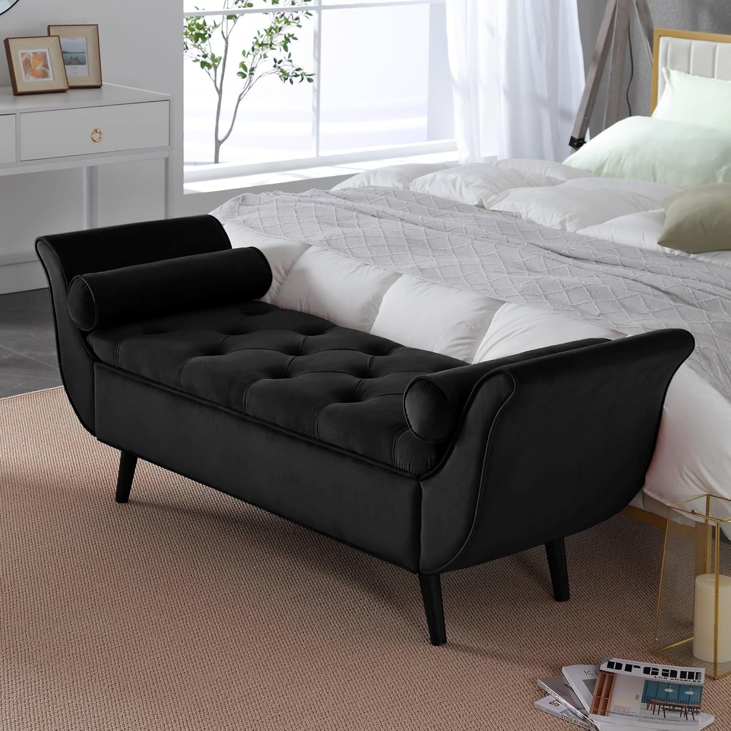 Storage Bench for Bedroom, 65" Velvet End of Bed Bench Button-Tufted Upholstered Storage Ottoman Armed Long Bench Solid Wood Legs 2 Pillows for Entryway Living Room Dining Room