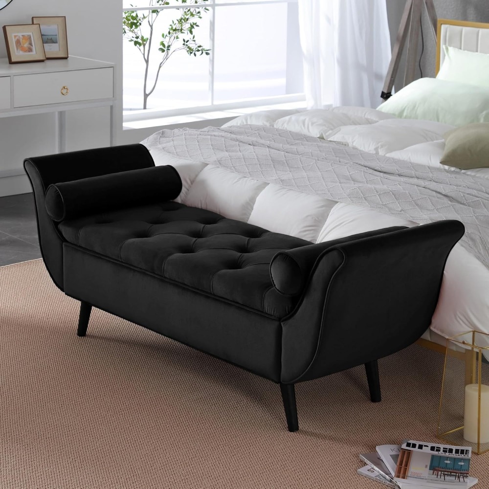 Storage Bench for Bedroom, 65" Velvet End of Bed Bench Button-Tufted Upholstered Storage Ottoman Armed Long Bench Solid Wood Legs 2 Pillows for Entryway Living Room Dining Room