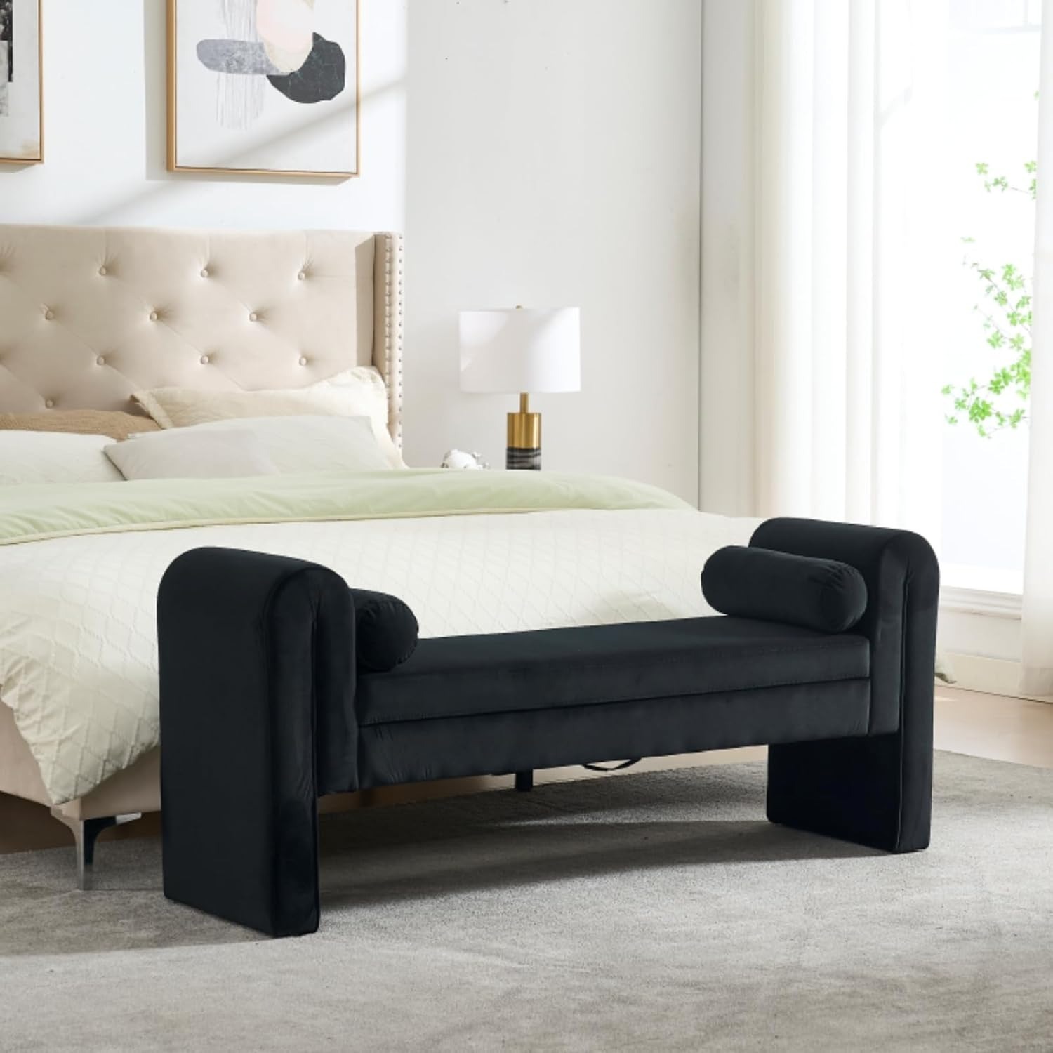 Velvet Bench for Bedroom End of Bed, 60.5- inch Upholstered Button Tufted Ottoman Bench with Rolled Arms, Button-Tufted Ottoman for Living Room, Entryway