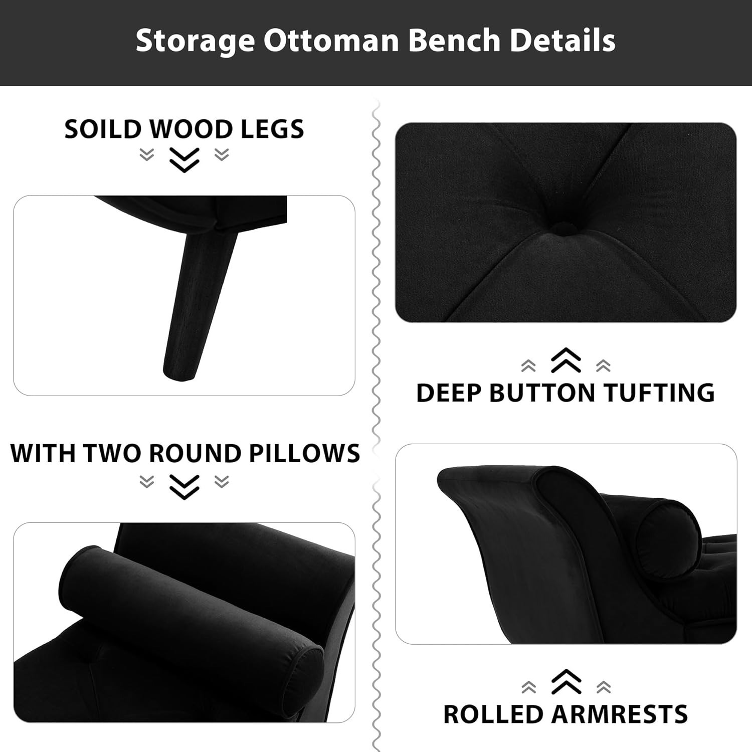 Storage Bench for Bedroom, 65" Velvet End of Bed Bench Button-Tufted Upholstered Storage Ottoman Armed Long Bench Solid Wood Legs 2 Pillows for Entryway Living Room Dining Room