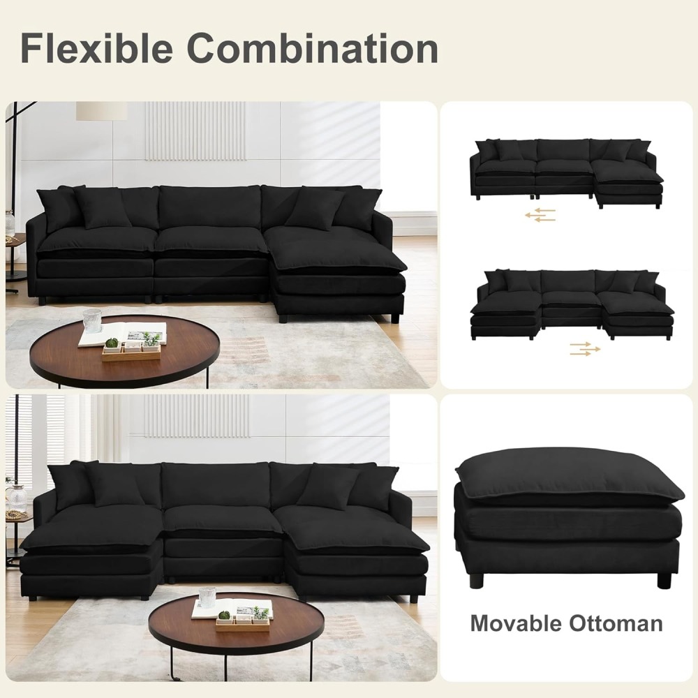 Modular Convertible Sectional Couch, 5 Seat U Shaped Couch Sofa Reversible Chaise Sectional Sofa Deep Seat Cloud Couch Chenille for Home, Apartment, Dorm Living Room