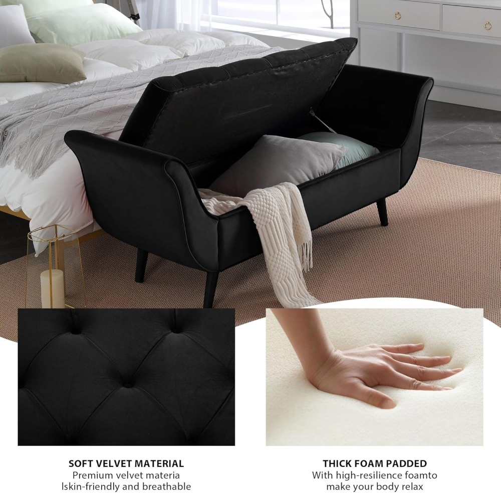 Storage Bench for Bedroom, 65" Velvet End of Bed Bench Button-Tufted Upholstered Storage Ottoman Armed Long Bench Solid Wood Legs 2 Pillows for Entryway Living Room Dining Room