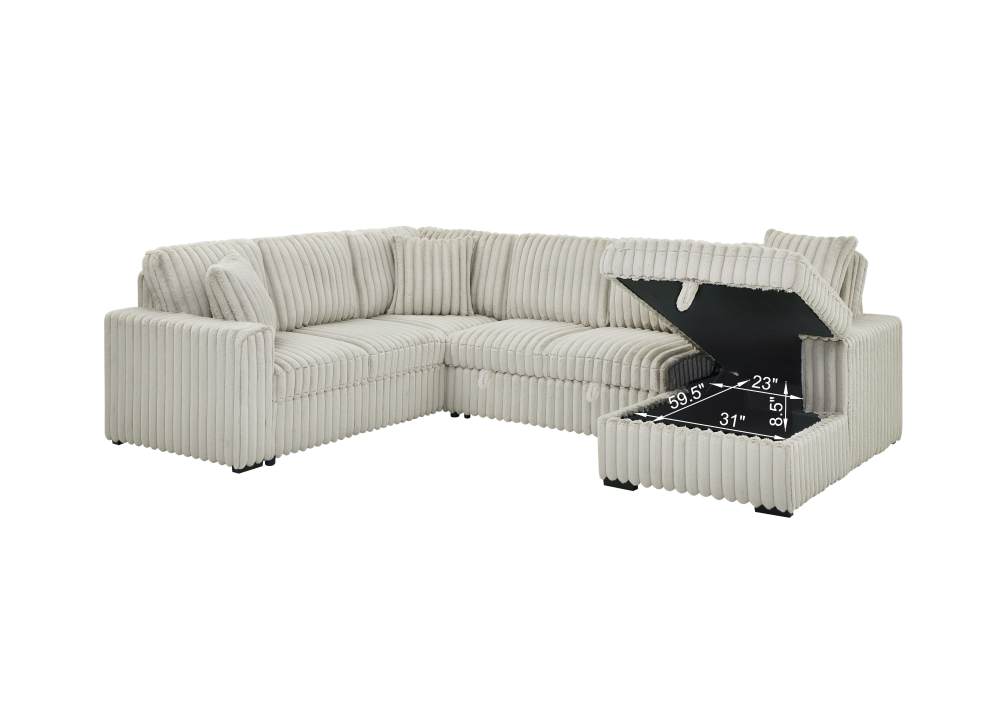 122-Inch Oversized Sectional Sleeper Sofa with Pull Out Bed and Storage Chaise Lounge for Living Room, Plush Extra Soft Corduroy U Shaped 6 Seat Sectional Sofa Bed Couch with USB Port - Gray