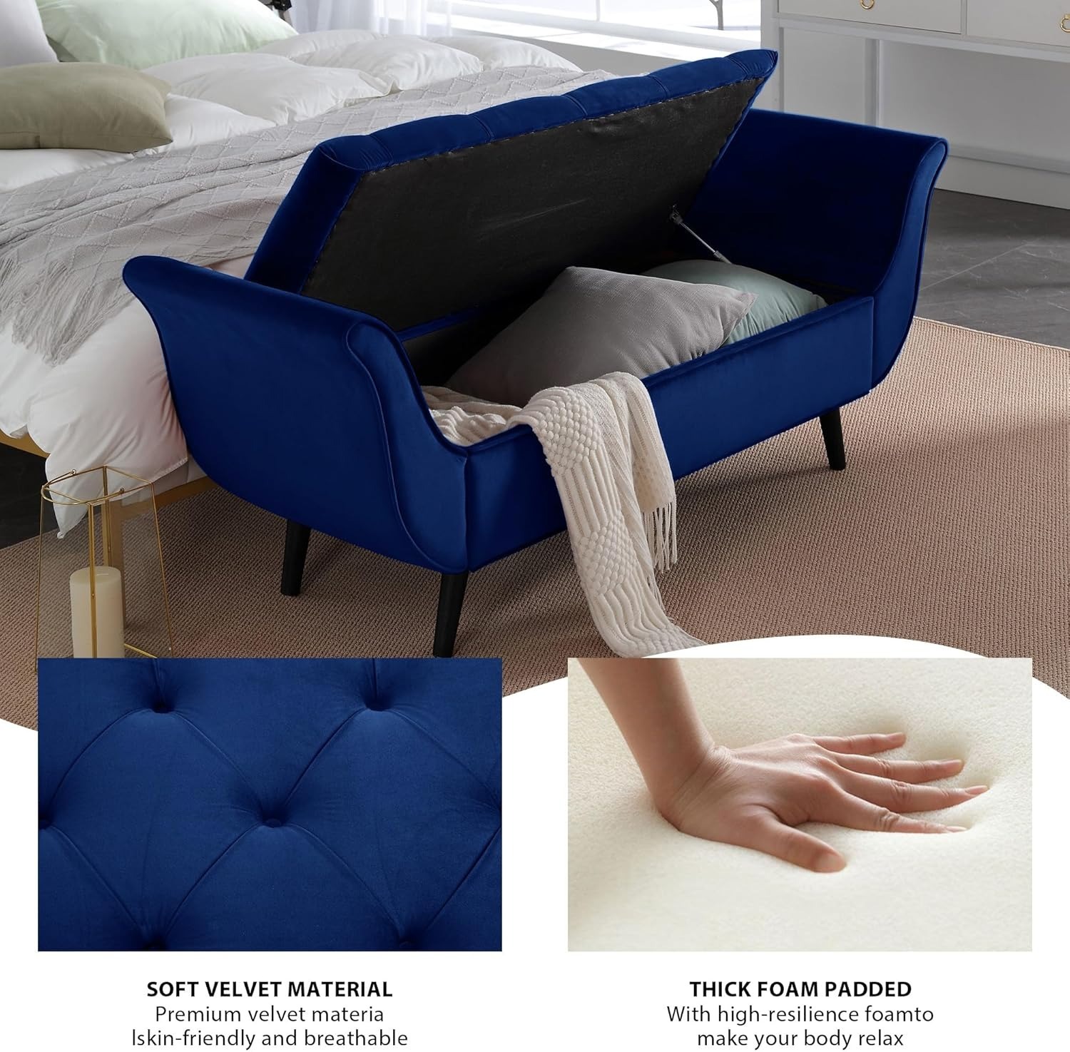 Storage Bench for Bedroom, 65" Velvet End of Bed Bench Button-Tufted Upholstered Storage Ottoman Armed Long Bench Solid Wood Legs 2 Pillows for Entryway Living Room Dining Room
