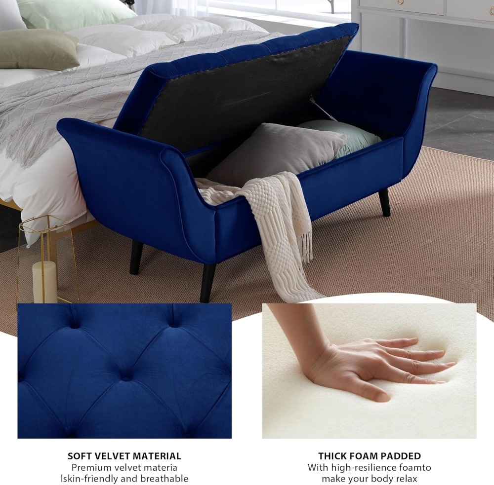 Storage Bench for Bedroom, 65" Velvet End of Bed Bench Button-Tufted Upholstered Storage Ottoman Armed Long Bench Solid Wood Legs 2 Pillows for Entryway Living Room Dining Room