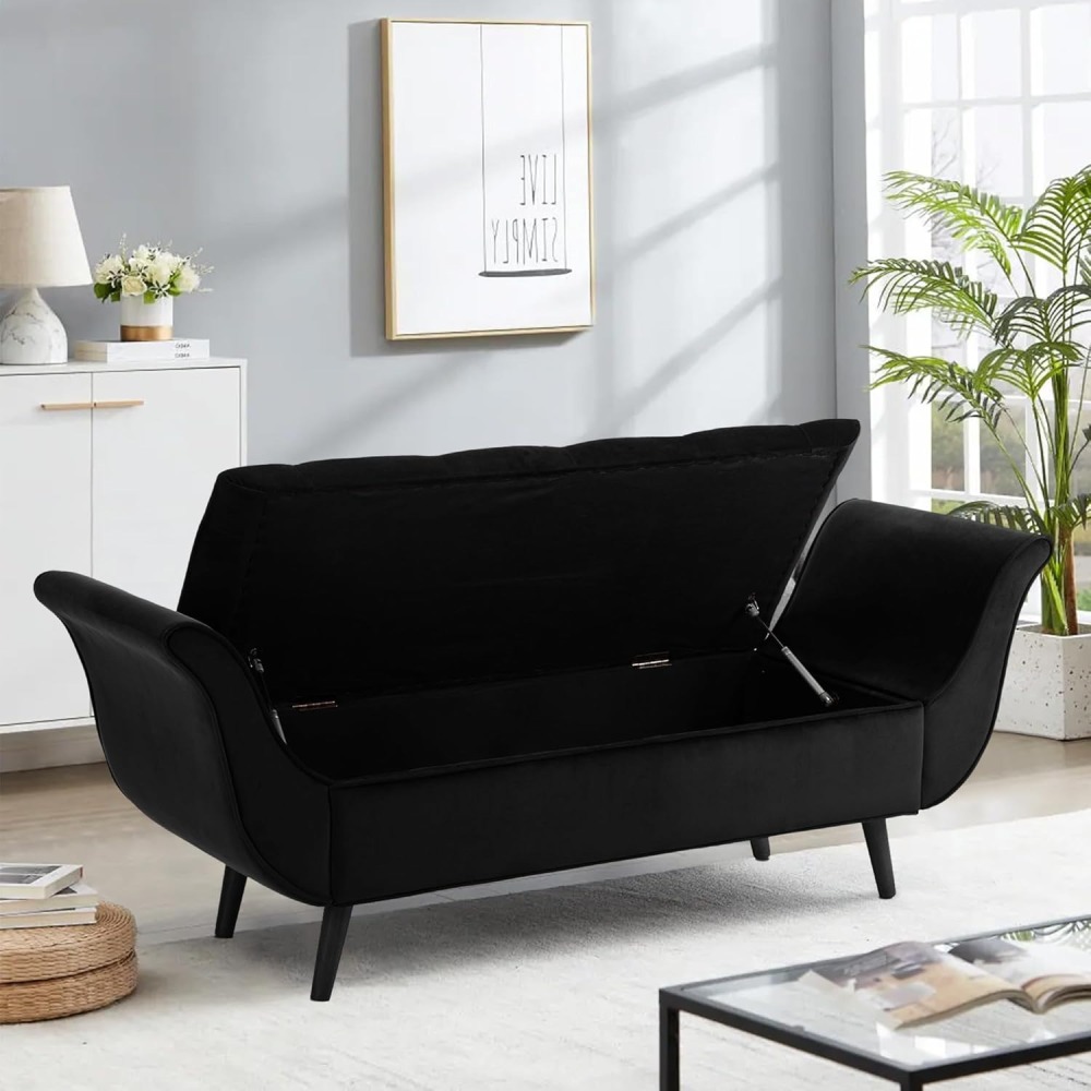 Storage Bench for Bedroom, 65" Velvet End of Bed Bench Button-Tufted Upholstered Storage Ottoman Armed Long Bench Solid Wood Legs 2 Pillows for Entryway Living Room Dining Room