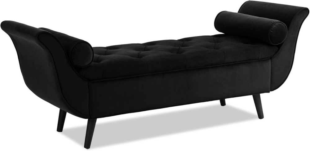 Storage Bench for Bedroom, 65" Velvet End of Bed Bench Button-Tufted Upholstered Storage Ottoman Armed Long Bench Solid Wood Legs 2 Pillows for Entryway Living Room Dining Room