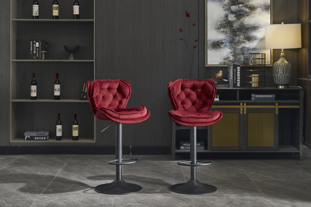 Set of 2 Bar Stools, Velvet Tufted Barstools Modern Adjustable Counter Height Bar Stools with Metal Ring Island Chairs Bar Chair for Pub Kitchen Cafe Dining Room