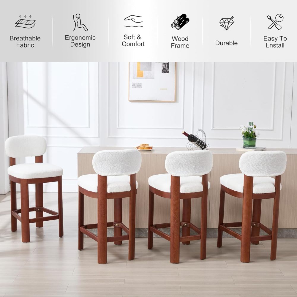 Tall Bar Stools Set of 2, Counter Height Barstools with Back and Wood Legs, Mid Century Modern Bar Chair Island Stool Teddy Fabric for Kitchen Dinner Room (White+Brown Legs)