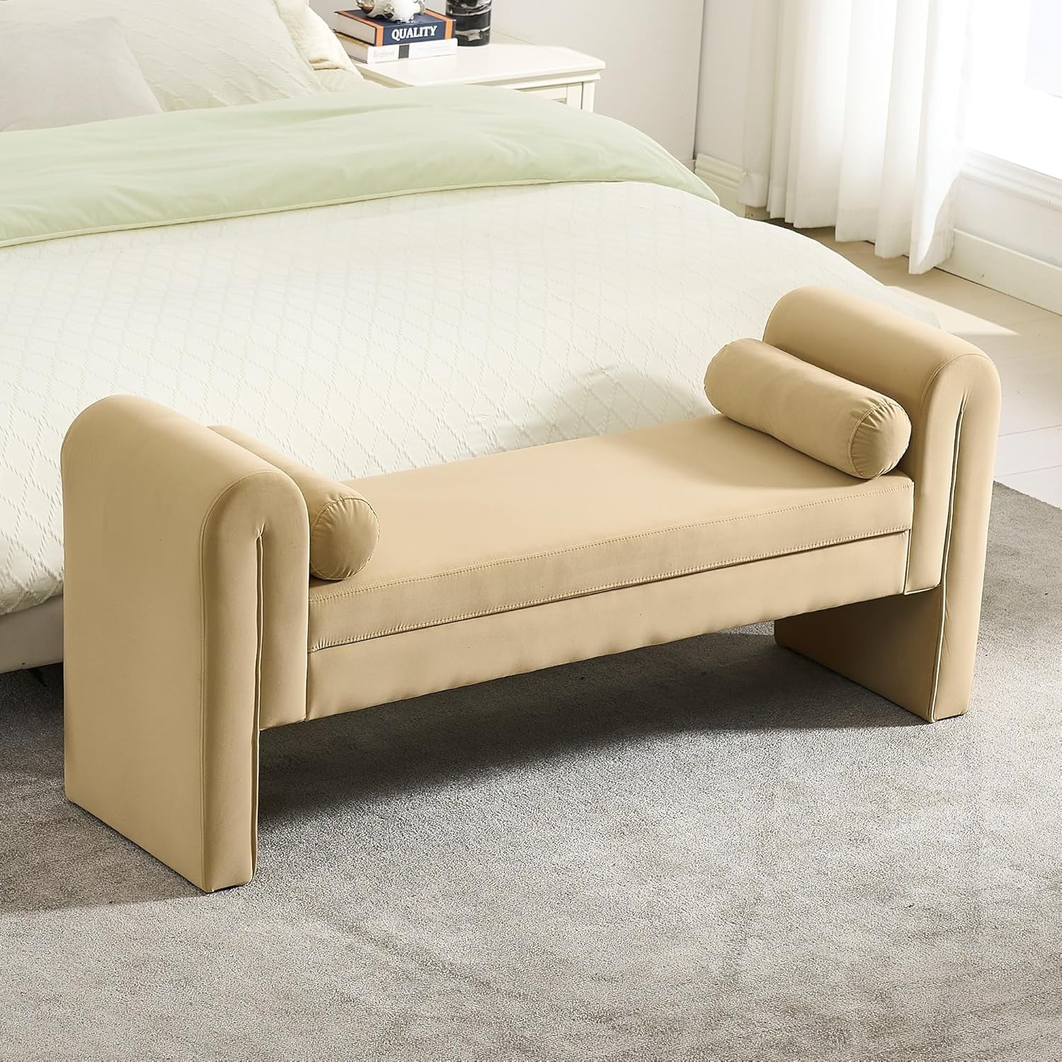 Velvet Bench for Bedroom End of Bed, 60.5- inch Upholstered Button Tufted Ottoman Bench with Rolled Arms, Button-Tufted Ottoman for Living Room, Entryway