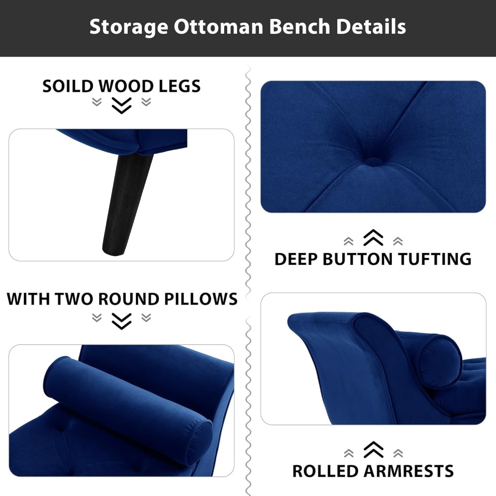 Storage Bench for Bedroom, 65" Velvet End of Bed Bench Button-Tufted Upholstered Storage Ottoman Armed Long Bench Solid Wood Legs 2 Pillows for Entryway Living Room Dining Room