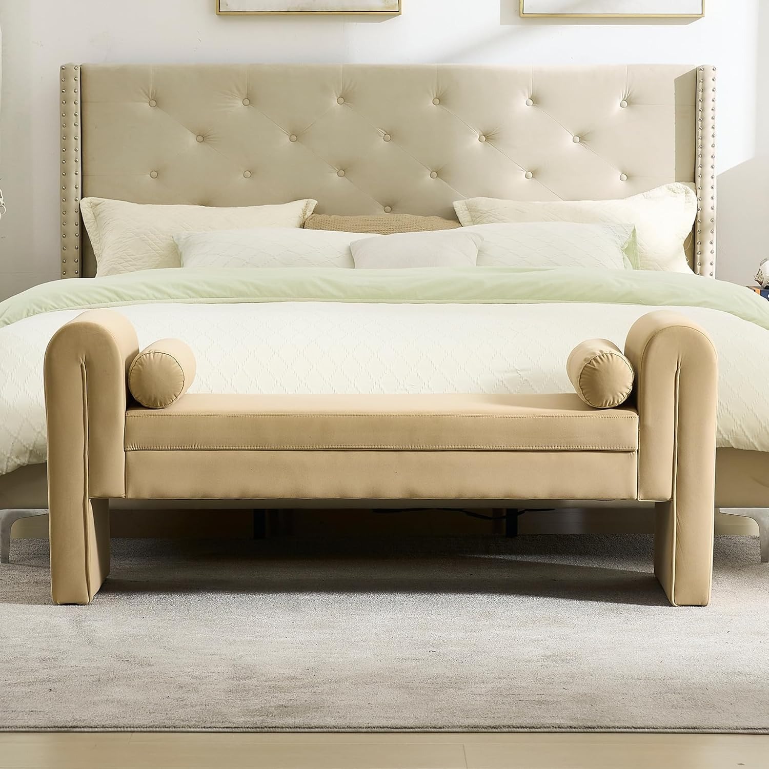 Velvet Bench for Bedroom End of Bed, 60.5- inch Upholstered Button Tufted Ottoman Bench with Rolled Arms, Button-Tufted Ottoman for Living Room, Entryway