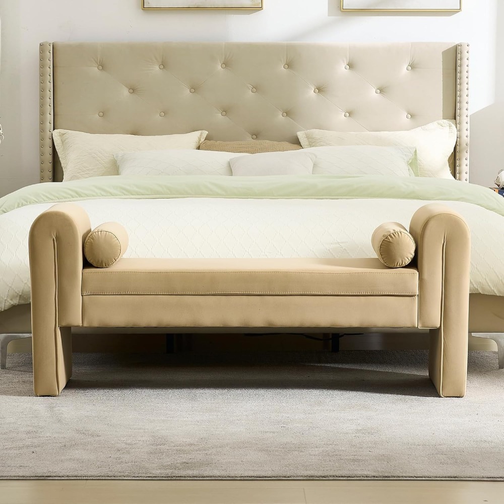 Velvet Bench for Bedroom End of Bed, 60.5- inch Upholstered Button Tufted Ottoman Bench with Rolled Arms, Button-Tufted Ottoman for Living Room, Entryway