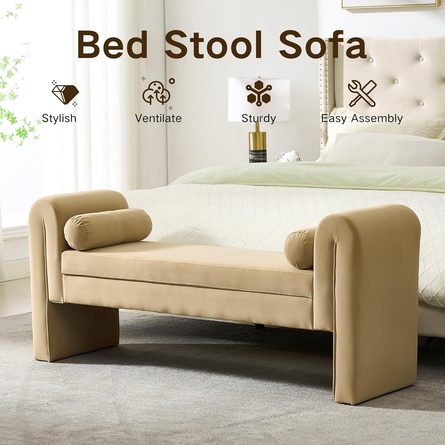 Velvet Bench for Bedroom End of Bed, 60.5- inch Upholstered Button Tufted Ottoman Bench with Rolled Arms, Button-Tufted Ottoman for Living Room, Entryway